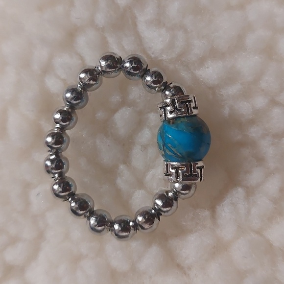 π·Handmade Beaded Stretch Ring w/ Blue Stone Bead - Sizes Vary READ Below! - Picture 6 of 6